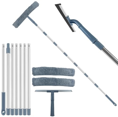 300cm Limpiacristales con Mango Extensible,2 En 1 Rasqueta Limpiacristales Kit,Limpiador de Cristales Profesional con Escobilla & Paños de Microfibra, Limpiador de Ventanas para Baño,Ducha,Espejo