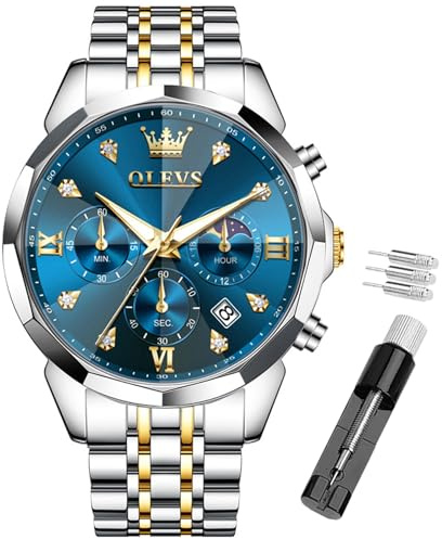 OLEVS Reloj para hombre, cronógrafo multifuncional con 4 subesferas, manecillas luminosas, fecha, resistente al agua hasta 3 ATM, correa de acero inoxidable, reloj de cuarzo para vestir de negocios