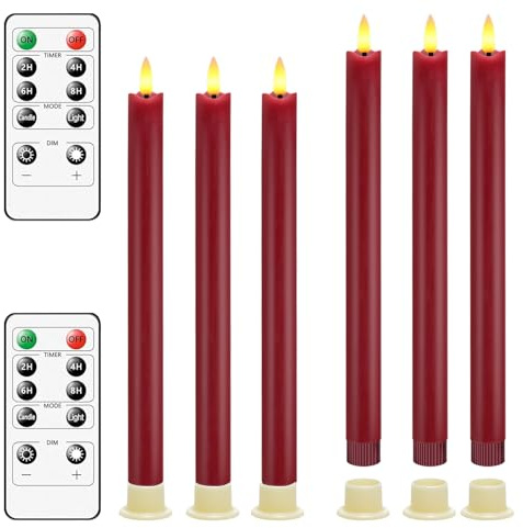 PinnWaa LED Kerzen, 6 flammenlose Stabkerzen mit Timer, Rot | 10-Tasten-Fernbedienung, Flackereffekt, dimmbares Licht, Weihnachtsdeko, Tischdeko, Hochzeit, Party und Wohnzimmerdeko