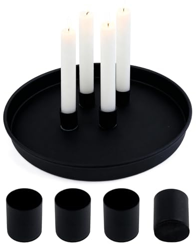 Joxessaien Magnet Kerzentablett Schwarz Ø 23 cm – Rundes Metall Deko Tablett mit 4 Magnet Stabkerzenhaltern – Moderner Kerzenständer für Advent, Weihnachten & Tischdeko