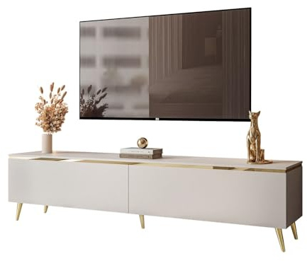 Lookway TV-Schrank Aurora Kaschmir Matt 180 cm Hängeschrank Oder Auf Füßen Gold Dekorative Leiste Mit LED-Option Modernes Wohnzimmermöbel (ohne LED Beleuchtung, Stehend- schräge Gold Chrom Beine)