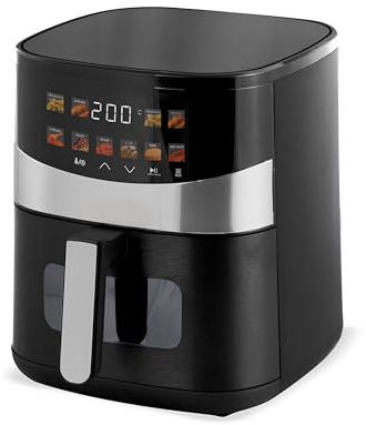 EMPOTEC Fritteuse Backofen Heißluft 6 Liter 1500 W Display mit Bildern 10 Funktionen Touch 60-200° Timer Korb aus Metall antihaftbeschichtet mit Fenster Überhitzungsschutz 37 x 28 x 33 cm