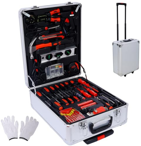 SRECELL 899-Piece Home Repair Tool Set with Rolling Tool Box – General Household Tool Kit with 4-Drawer Trolley Case, Hand Tool Set for Maintenance, Garage, Garden, Homeowner & Handyman, Silver