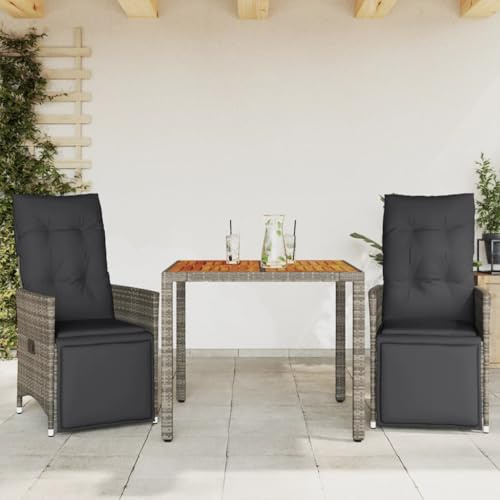 LoogCape Ensemble bistro de jardin 3 pièces en polyrotin gris avec coussins, fauteuils de relaxation réglables et table en bois d'acacia pour balcon, terrasse, jardin