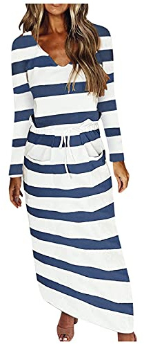 Vestido maxi de mujer 2026 vestido de rayas con cuello en v manga larga sin bolsillo casual vestido largo algodón suelto moda vestidos festivos, marine, S
