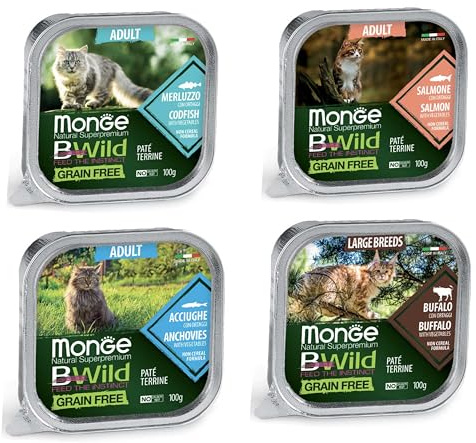 Monge BWild Grain Free Paté Terrine per Gatti Adulti, Gusti Misti con Ortaggi, 24 Vaschette da 100 g