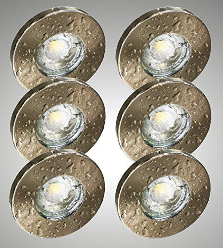 Trango 6er Set 6729IP-062GCOBAK IP44 LED Einbaustrahler in Nickel matt inkl. 6x 5 Watt GU10 LED Leuchtmittel 3000K warmweiß Einbauleuchte - Badleuchte - Deckenspots - Deckenstrahler - Deckenleuchte