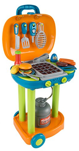 BBQ Toy Kitchen Set for Kids - Pretend Play Grill with Flame-Like Lights, Sizzling Sounds, Wheels, Fake Food and Cooking Toys by Hey Play (Multicolor)