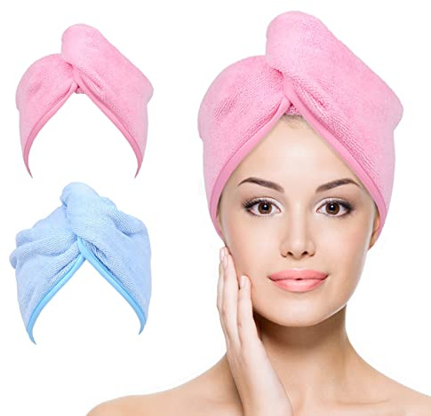 YoulerTex Microfiber Hair Towel Wrap for Women, 2 Pack 10 inch X 26 inch, Super Absorbent Quick Dry Hair Turban For Drying Curly, Long & Thick Hair (Blue+Pink)