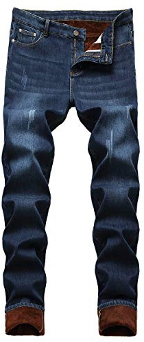 YOUTHUP Mens Jeans Fleece Lined Winter Denim Trousers Straight Leg Casual Washed Jean Pants, Dark Blue, 34
