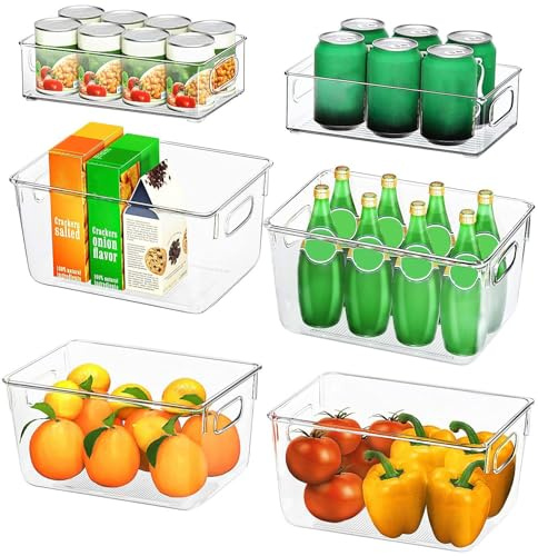 FINEW Kylskåpsförvaring, set om 6 (4 stora/2 medium), högkvalitativa skafferi, förvaringsbehållare med handtag, transparent förvaringslåda, perfekt för kök, kylskåp, skåp, BPA-fri