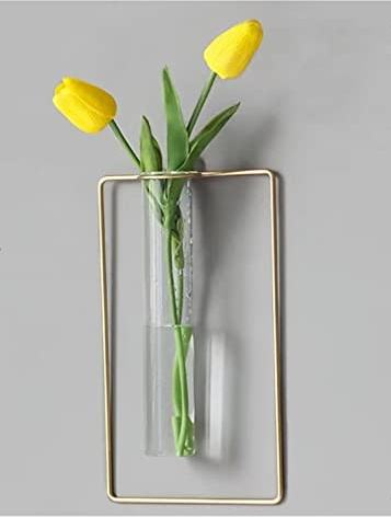 Nordic Wall Vase,Gold Geometric Vase Hanging Hydroponic Planter,Wall-Mounted Metal Glass Tube Bud Vase Decorative for Centerpieces Wedding Home Decor(Gold 1)