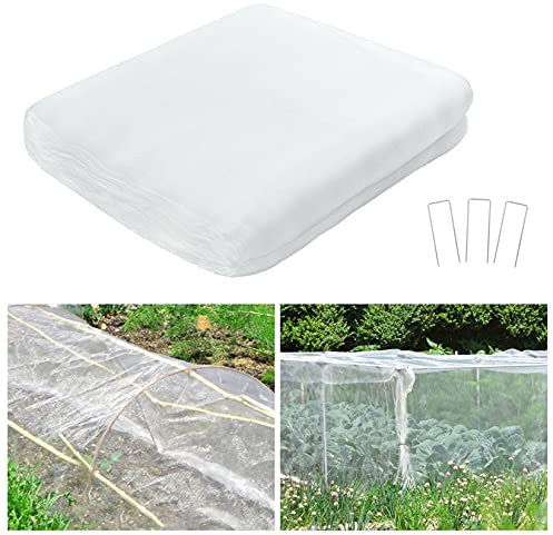 Insect Netting - 2x10m Garden Fine Mesh Netting with 15 U-Shaped Garden Pegs Fruit Plant Vegetable Crop Protection Anti Bird Butterfly Barrier Net Reusable Fencing (White)