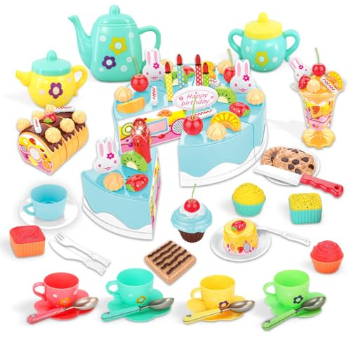 xwin DIY Tea Party & Birthday Cake Toy Set 97 Pieces Including Teacups, Plates, Cookies, Cupcakes, Teapot Accessories, Cake, Cutter & Decorations Fun Pretend Play Gift for Kids Aged 3+ Years