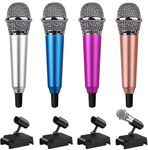 QJFHURB Mini Microphone Asmr Mikrofon 4 StüCke Kleines Micro Handheld Tragbares Metall Verdrahteten Mic Mikro Mini Micro Karaoke Microfon mit 4 StäNder FüR Handy Laptop Notebook (4 Farben)