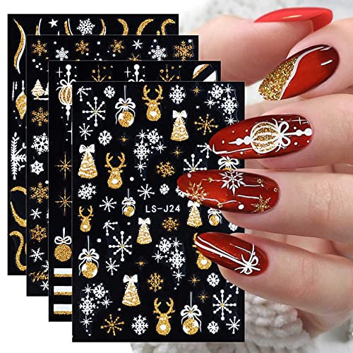 JMEOWIO Nagelsticker Weihnachten Glitzer 8 Blatt Nagelaufkleber Selbstklebend Goldschneemann-Schneeflocke-Weihnachtswinter Nail Art Sticker Dekoration Nageldesign Zubehör