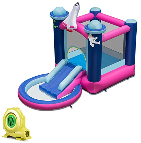 GYMAX Castello Gonfiabile per Bambini con Scivolo, Casa Gigante Gonfiabile con Scivolo e Piscina per Interni ed Esterni, Kit di Riparazione e Borsa per il Traporto (Con Ventilatore)