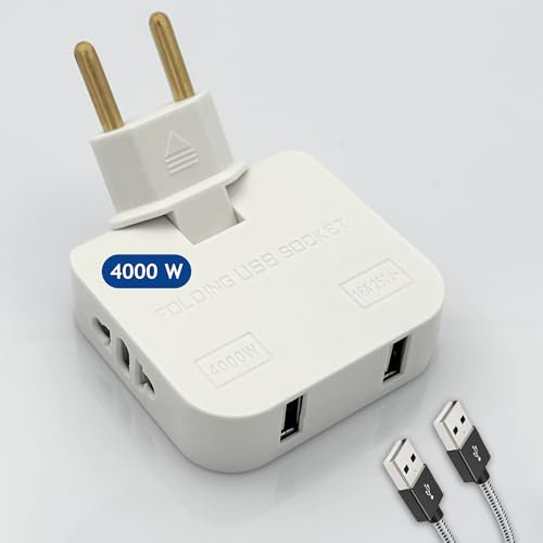 Adattatore Presa Piatta Salvaspazio da Muro con 2 Uscite Schuko e 2 Porte USB, Tripla Presa Compatta 4000W per Casa, Ufficio e Viaggi, Colore Bianco