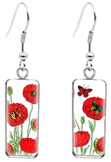 Schmetterlinge und Mohnblumen Rechteckige Ohrringe Schmetterling Kunst Fischhaken Ohrringe Glas Cabochon Handgemachter Schmuck, 25 mm, Leder
