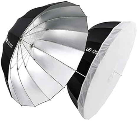 Godox UB-105 - Ombrello da studio fotografico, 105 cm, interno argento, parabolico, riflettente, luce morbida, con copertura diffusore per riprese in studio video (105 argento)