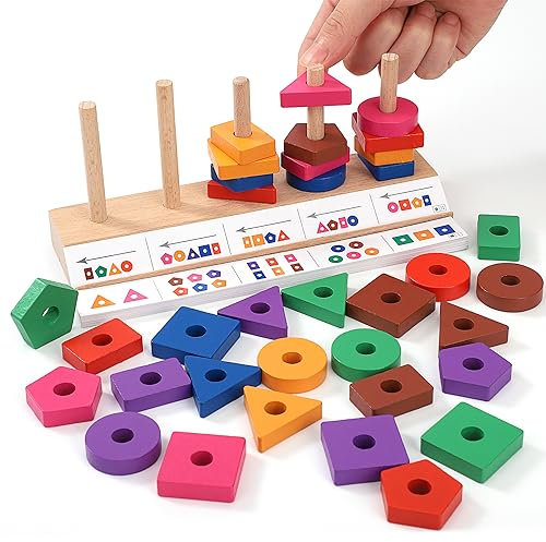 Wisplye Holz Sortier und Stapelspielzeug Montessori ab 2 3 Jahre, Holzpuzzles Geometrisches Stapel Steckspiel Farben und Formen Sortierspiel Blöcke für Kinder