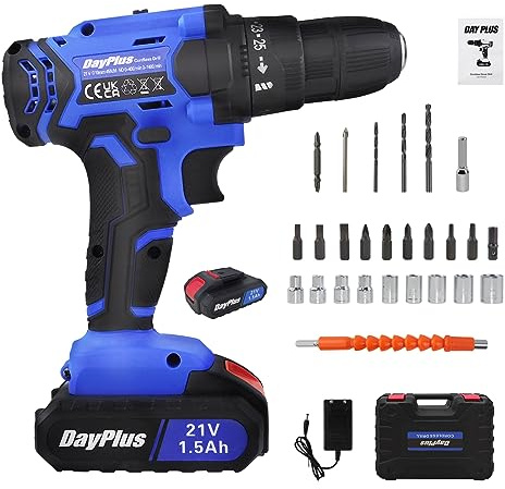 Trapano a batteria da 21 V, set di avvitatore a batteria, con 2 batterie agli ioni di litio da 1500 mAh, caricatore e cassetta degli attrezzi, utensili elettrici, trapano elettrico a mano (blu)