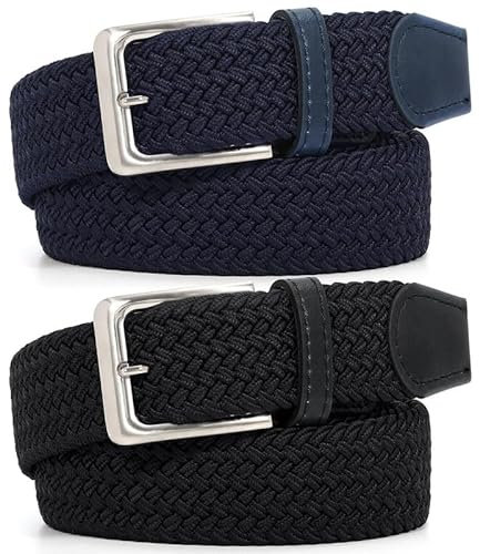JasGood 2 Stück Geflochtener Elastischer Gürtel für Damen Herren, Unisex Stoffgürtel Stretchgürtel Dehnbarer Gürtel für Jeans Hosen,Schwarz+Blau,115cm