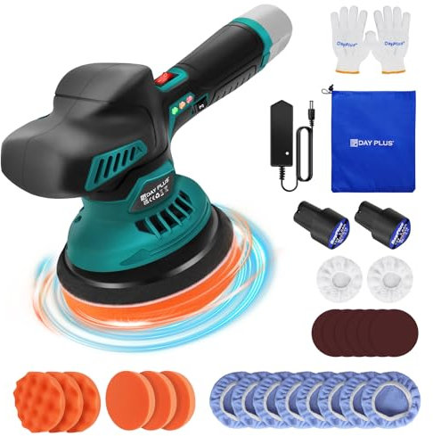 Cordless Car Polisher Kit with 2PCS 12V 2.0Ah Battery,2800-5500 RPM,6-Speed DA Polisher Kit,125mm Base for Auto Detailing,Furniture,Sanding (Includes Sponge Pads,Polished Caps,Wool Caps,Sandpapers)