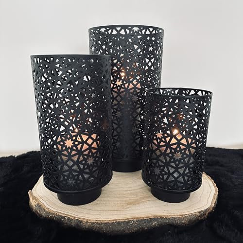 3er Set Windlicht mit Sternen Windlichtset Eisen Kerzenständer Kerzenhalter Teelicht schwarz