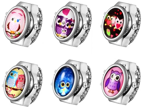 Silverora Ringuhr Fingeruhr Edelstahl Elastisches: 6pcs Eulen Analoge Quarz Uhrenring Verstellbar Edelstahlband Ring Uhren mit Arabische Ziffern Genschenke für Frauen Mädchen Blau