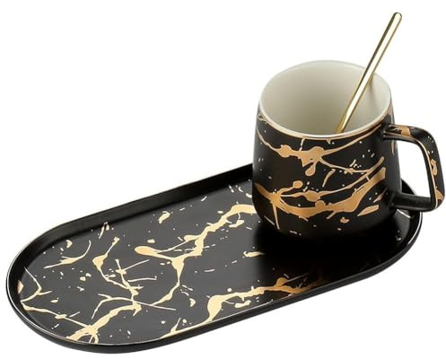 FülleMore Marmor Keramik Kaffeetasse mit Untertasse und Löffel 400ml Frühstückstasse mit Essteller elegant Kaffeebecher Geschenkset für Mutter,Vater,Oma,Freunde,Bruder,Kollegen (Schwarz)