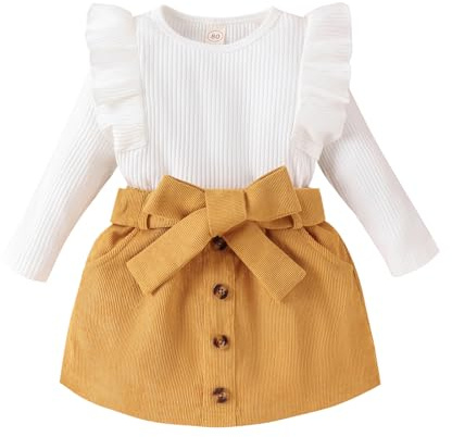 Geagodelia Baby Mädchen Kleidung Outfit Babykleidung Set Langarmshirt Top + Rock Neugeborene Weiche Babyset Zweiteiler (Weiß & Gelb, 18-24 Monate)