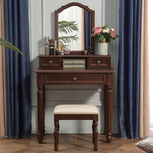 BREZO Postazione Trucco, Tavolo da Trucco con 3 Cassetti, Toilette Trucco con Sgabello, for Camera da Letto (80 Cm L, Marrone)