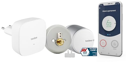tedee GO Smart Lock with WiFi and Bluetooth Remote Access App, Deadbolt Smartlock with Alexa Loxone Fibaro Smart Home Automatic Unlocking, Silver (Deadbolt Adapter + bar + Wi-Fi Bridge UK)