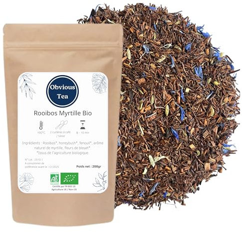 Infusion Rooibos Myrtille Bio - Infusion Vegan en Vrac, 100% Naturel, Sans OGM - Agriculture Biologique - Fabrication Française - Sachet 200 gr (100 Tasses)