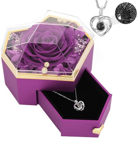 Emibele Preserved Real Rose with Heart Necklace, Eternal Flowers Rose & Crystal Heart Necklace Romantic Gifts for Women Mom Wife Girlfriend on Christmas Valentines Mothers Day Birthday Anniversary