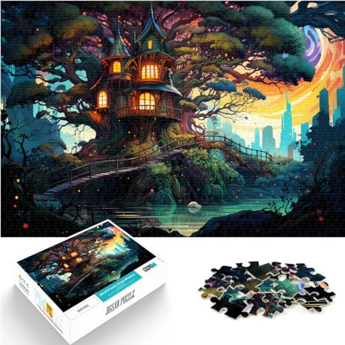 Schweres Puzzle für Erwachsene, 1000 Teile, farbenfrohes und psychedelisches Baumhaus im Wald, geeignet für Erwachsene und Kinder ab 12 Jahren, Holzpuzzle, Heimdekorations-Puzzle, Größe: 50 x 75 cm