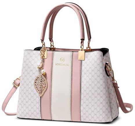 FOLOVEYA Damen Handtasche Elegante Schultertaschen Bedruckte Handtaschen Wasserdicht Frauen Umhängetaschemit Anhänger für Büro Einkauf Reisen PU Leder Rosa