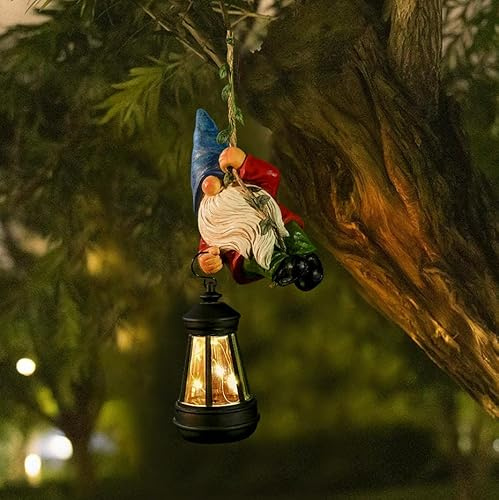 WONDHOME Estatua solar de gnomo al aire libre, decoración de jardín, gnomo trepador con luces LED, figura de gnomo colgante para patio, porche, decoración de pared, regalo de jardinería de Navidad