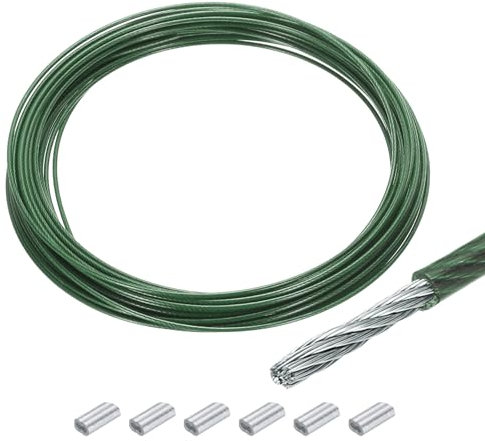 QUARKZMAN 30M x 1,5mm (98Ft x 1/16) Fune Metallico Cavo Acciaio Inossidabile 304, Tenditore Tirante con 6pz Manicotti Alluminio per Appendere Stendibiancheria Sollevamento, Verde