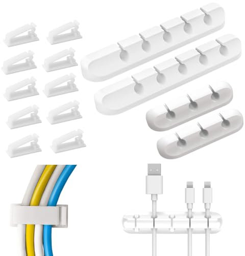 Organizador Cables,Pack 4 Organizador de Cables Escritorio + 10 Sujeta Cables Adhesivo,Organizador Cables Escritorio,Clips Sujeta Cables Autoadhesivo(Escritorio,Mesa de Noche,Coche..) (Blanco)