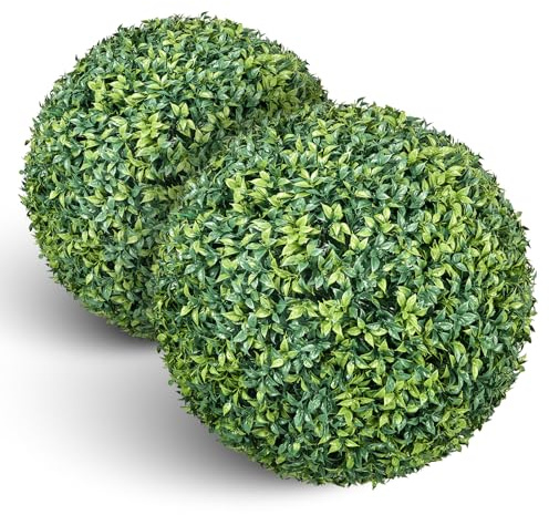 KEENMARK HOME 2 PCS 19 Artificial Plant Topiary Ball, Bowood Faux Balls with LED String Light, Fire-Retardant,UV Resistant Faux Plants for Outdoor Decor, Porch, Patio and Wedding, Garden Spheres