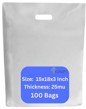 ezkart White Patch Handle Plastic Carrier Shopping Bags Perfect for Groceries Restaurants & Daily Needs-25mu Thickness Can be used as Large Plastic Bags Small Bin (White 100pk, 15x18x3 Inch-25mu)