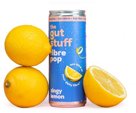 The Gut Stuff High Fibre Prebiotic Soda, Zingy Lemon Flavour - 12 x 250ml | Gut Friendly Fizzy Drink | Low Calorie | No Sweeteners | High Fibre | Prebiotic Soft Drink