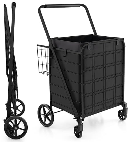 COSTWAY Chariot de Courses Pliable à 4 Roues, Caddie de Courses à Double Panier, Cadre Métallique et Doublure en Oxford, Capacité 126L et Charge 150KG, pour Marché, Epicerie, Lessive (Noir)