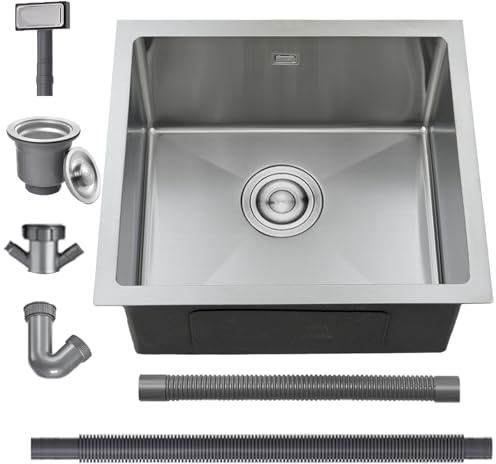 BoomHoze Fregadero Cocina 45 x 45 cm, Fregadero Acero Inoxidable，Cepillado | Fregadero Compatible Instalación sobre, bajo y a fleur de Encimera, Incluye Rebosadero y Cesta Filtro