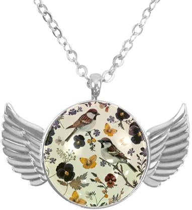 Angel Wings Necklace with Pansies Birds Flowers, Aluminum Alloy Jewelry Gifts for Men Women