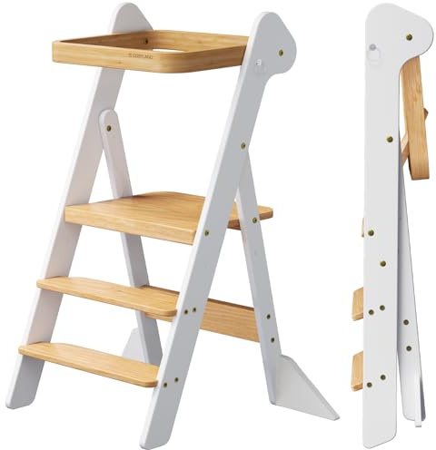 COSYLAND Foldable Toddler Step Stool for Kitchen - IF Design Awarded Space Saving Toddler Standing Tower with Protective Net - Height Adjustable Kids Kitchen Stool Helper (White & Natural)