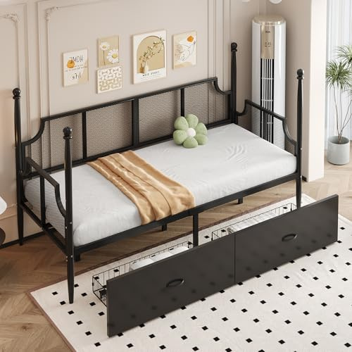 TOBIDOEN Eisen-schlafsofa 90x200 mit 2 Schubladen, Netzrückenlehne und Armlehnen im Vintage-Stil, umgeben von hoher Säulenstütze, Daybed Tagesbett Metall mit Ablagefächern, Schwarz