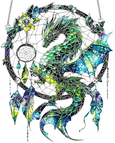 Attrape-rêves dragon mystique en acrylique effet vitrail à suspendre pour fenêtre intérieure ou extérieure